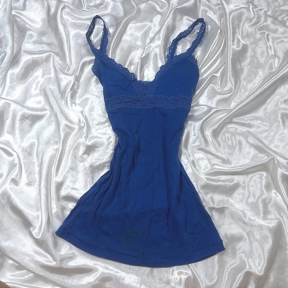 y2k Cami Top Blue Fair Rue21 Lace Trim Ribbed V-Neck Sleeveless Tank